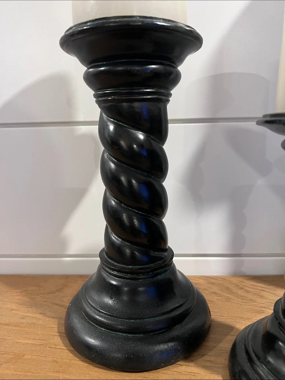 Vintage Classic Black Twisted Wood Candlestick Set with White Pillar Candles - Picture 4 of 15